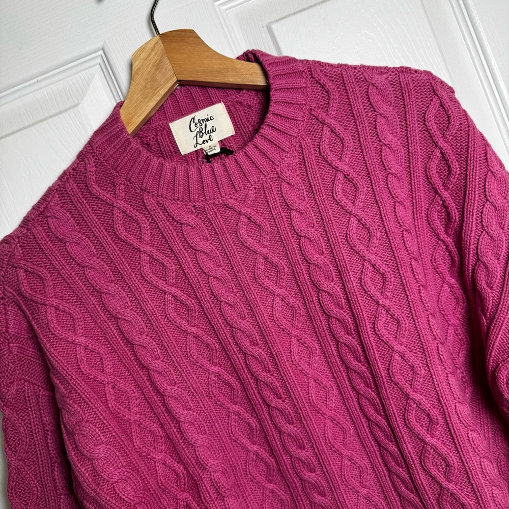Cosmic Blue Love Cable Knit Sweater Pink Rose Chunky Cotton Blend NWT Small
